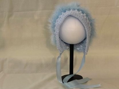 Blue Baby Bonnet With Feather Trim